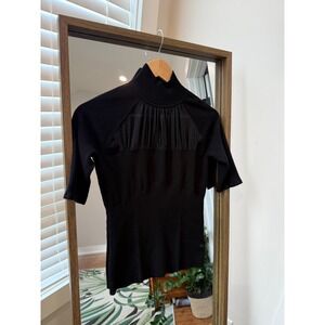 Karen Millen XS Black Mock Neck Top Silk Accent Short Sleeve Knit Blouse Elegant